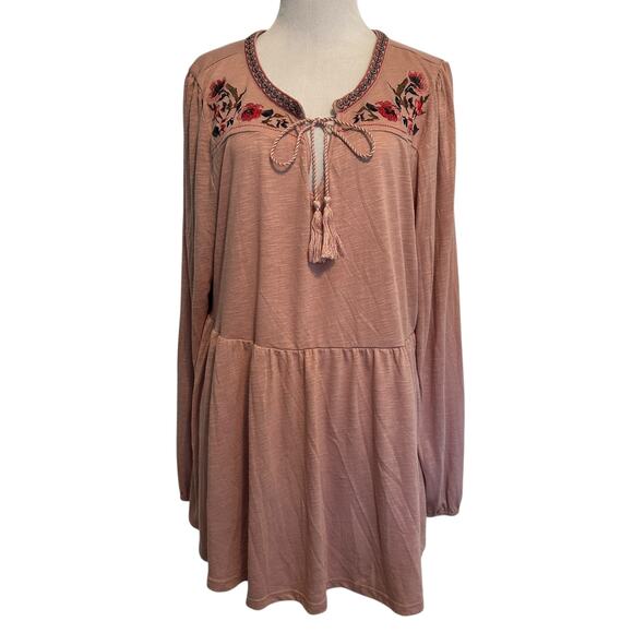 Torrid Embroidered Peasant Top Womens Size 2X Dusty Rose Tassel Babydoll Blouse - Picture 2 of 12